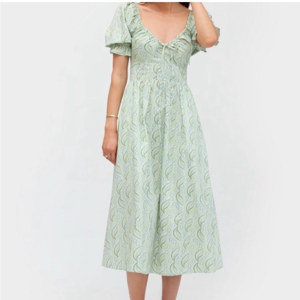 Hill House Green Smocked Puff Sleeve Midi Dress
